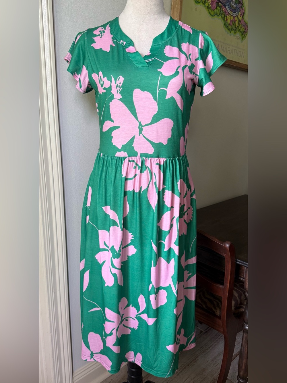 Green Midi Dress with Pink Floral Print